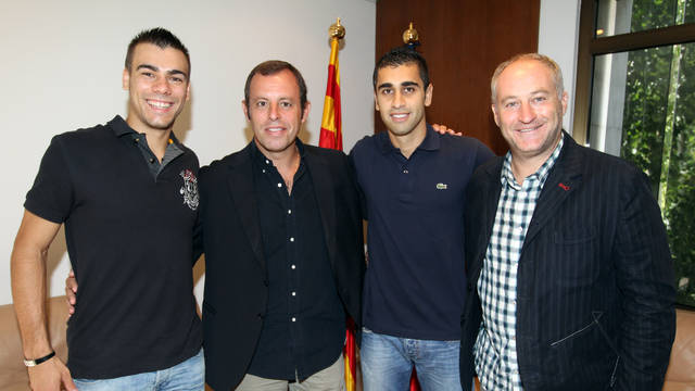 Sandro Rosell, con Sergio Lozano, Marc Carmona y Gabriel. Foto: Miguel Ruiz - FCB