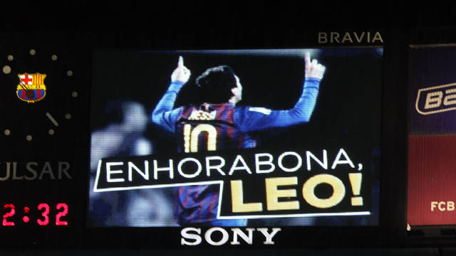 The screen at the Camp Nou when Messi broke César's record. PHOTO: MIGUEL RUIZ-FCB.