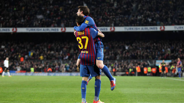 Messi celebra un dels seus gols amb Tello / FOTO: ARXIU FCB