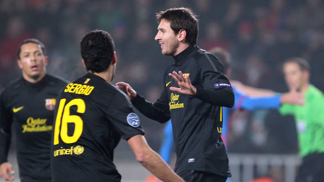 Messi celebra un dels gols a camp del Viktoria Pilsen / FOTO: ARXIU FCB