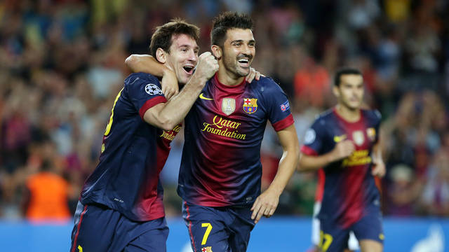Messi i Villa celebren el 3-2 contra l'Spartak. FOTO: MIGUEL RUIZ-FCB.