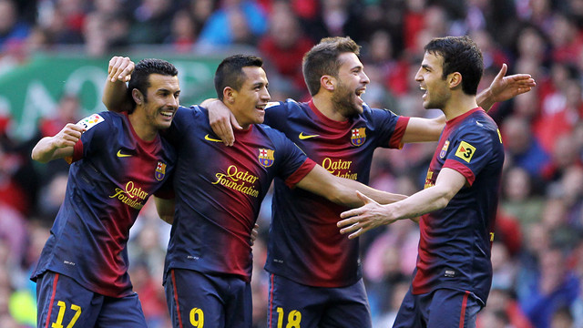 Els jugadors, celebrant un gol a Bilbao. FOTO: MIGUEL RUIZ  FCB