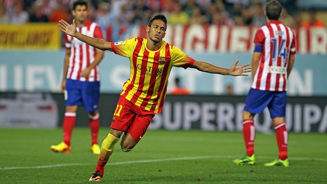 PHOTO: Neymar celebrates his goal at the Calderon. PHOTO: MIGUEL RUIZ-FCB