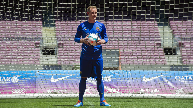 Ter Stegen being presented to the Camp Nou.