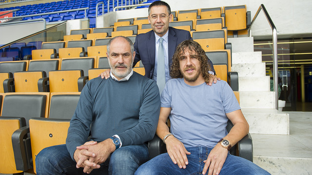 Josep Maria Bartomeu, Andoni Zubizarreta and Carles Puyol, at the Camp Nou / PHOTO: VÍCTOR SALGADO-FCB