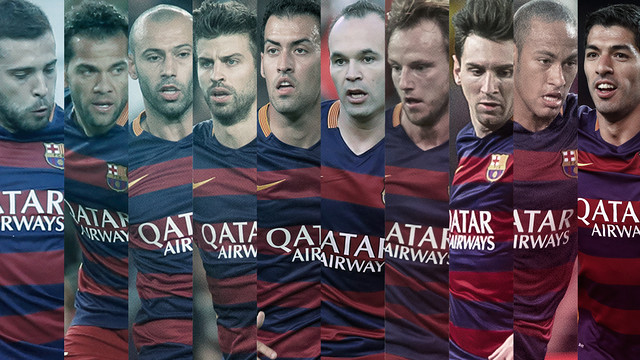 From left to right: Jordi Alba, Dani Alves, Javier Mascherano, Gerard Piqué, Sergio Busquets, Andrés Iniesta, Ivan Rakitic, Lionel Messi, Neymar Jr. and Luis Suárez. / FCB PHOTOMONTAGE