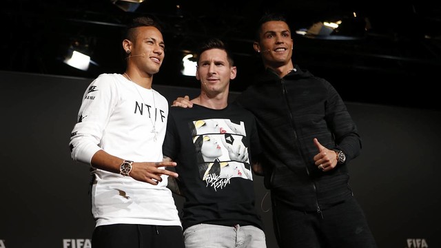 Neymar Jr, Leo Messi and Cristiano Ronaldo in the press conference in Zurich / MIGUEL RUIZ-FCB